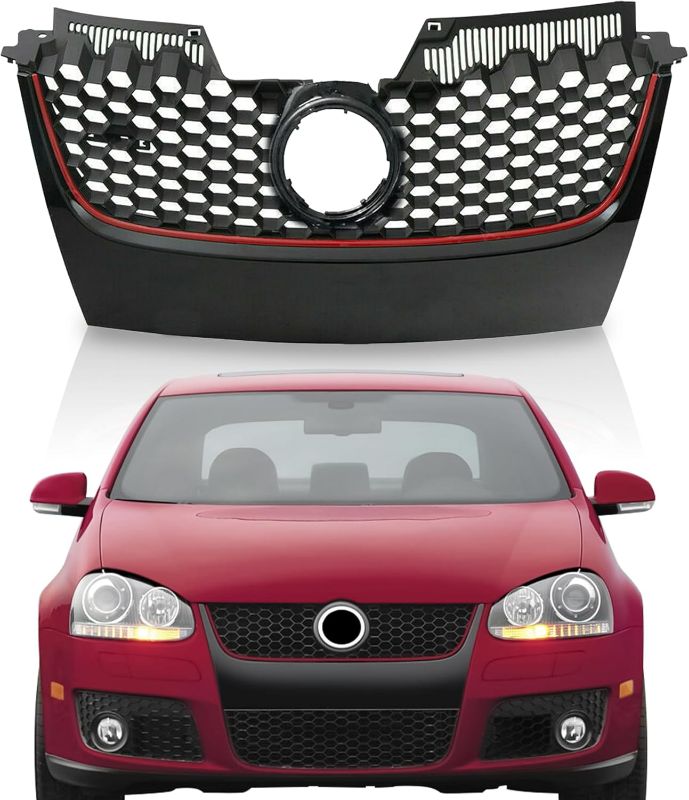 Photo 1 of Partsflow Front Upper Main Black W/Red Trim Mesh Grille For 2006 2007 2008 2009 Volkswagen VW GTI For 2006 2007 2008 2009 Volkswagen VW Mk5 Jetta