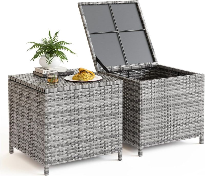 Photo 1 of UDPATIO Outdoor Wicker Side Table with Storage Set of 2 Patio Rattan End Table Small Resin Square Container Coffee Table Backyard Pool for Furniture Covers, Toys and Gardening Tools (Grey)