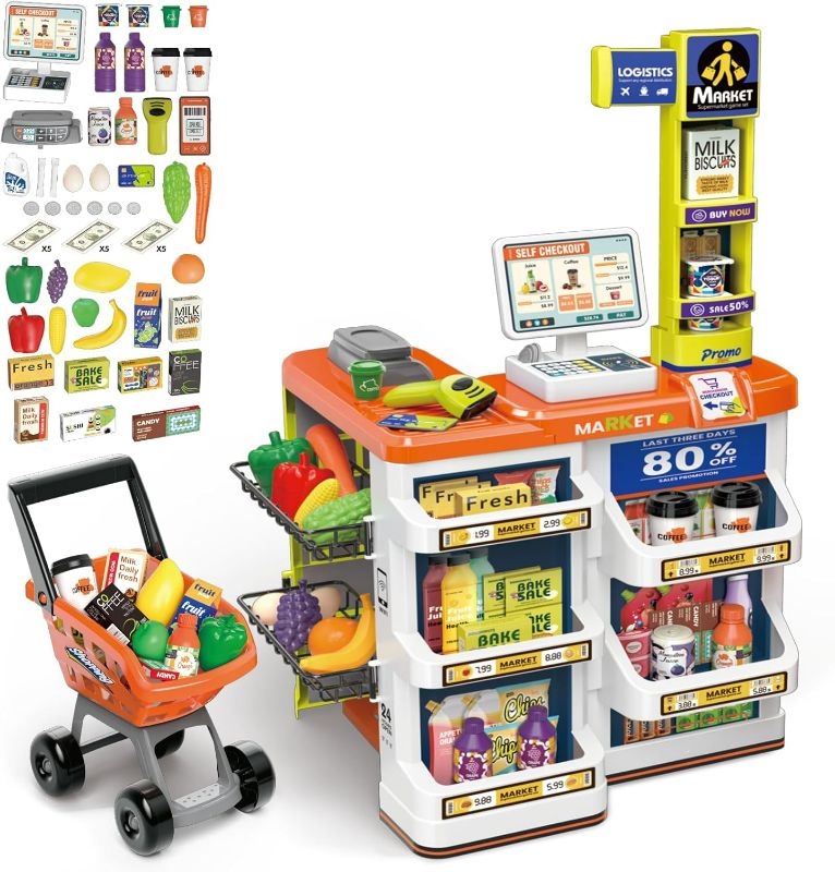 Photo 1 of DEAO Pretend Play Grocery Store Kids Supermarket Set Role Play Store with Kids Shopping Cart,Kids Cash Register,Best Gift for Kids