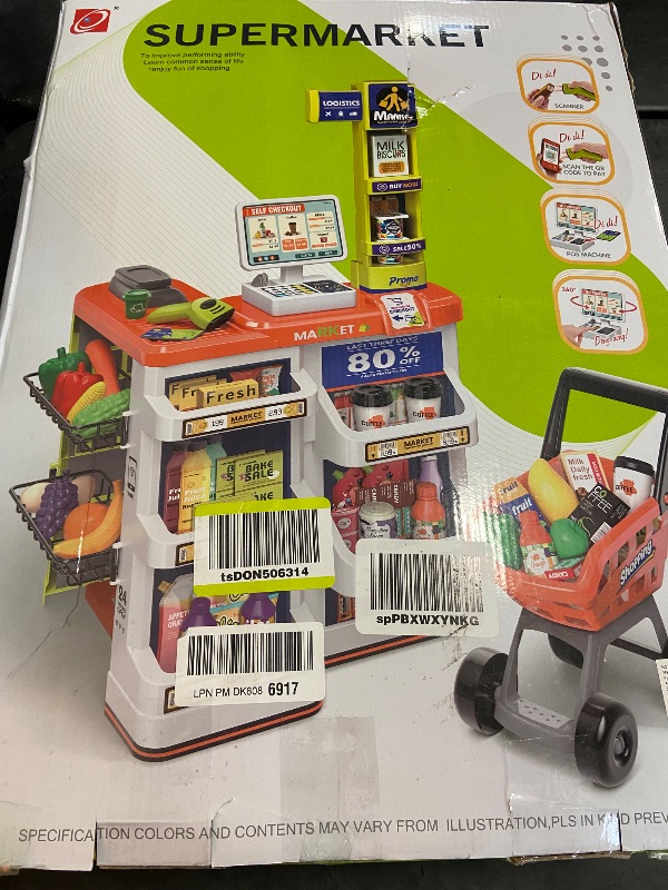 Photo 4 of DEAO Pretend Play Grocery Store Kids Supermarket Set Role Play Store with Kids Shopping Cart,Kids Cash Register,Best Gift for Kids