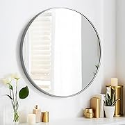 Photo 1 of 24" Round Mirror Circle Wall Mounted Hanging or Against Wall Metal Frame Dressing Make-up Mirrors for Entryway Bedroom Bathroom Living Room 24 inch Silver