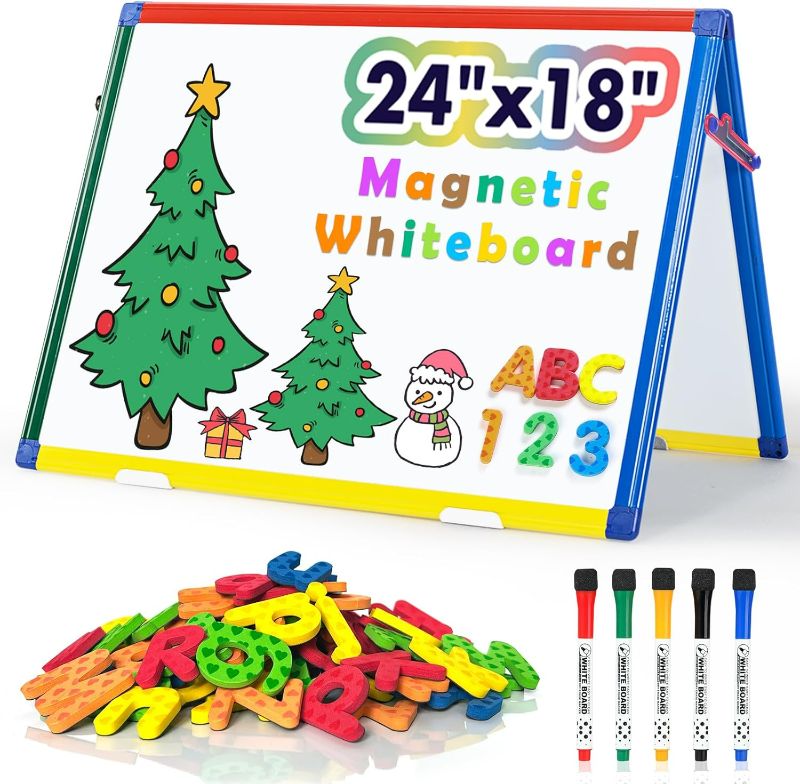 Photo 1 of SWANCROWN Magnetic Board for Kids-Tabletop White Board for Children- 24x18 Inch Double Sided Foldable Dry Erase Board Standing with 82Pcs Alphabet Magnets Whiteboard Letters