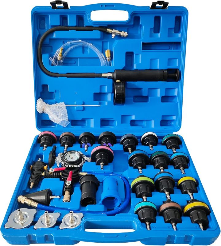 Photo 1 of **ToolBox Doesnt Close** MKING 28PCS Coolant Radiator Pressure Tester Kit Universal Vacuum Cooling System Purge Refill Leak Refiller Tool Set