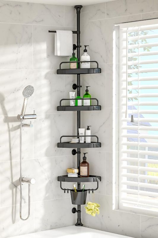 Photo 1 of Rust Proof Shower Caddy Corner Tension Pole – Adjustable Height (32-120 inch), 4 Tier Shelf Bathtub Organizers and Storage – Includes Towel Rack, Tooth Brush Holder and Suction Cups (Black)