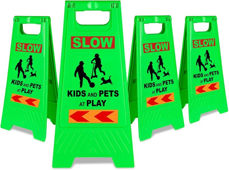 Photo 1 of XPCARE Kids Playing Sign for Street, Children at Play Safety Sign with Reflective Tapes,Caution Slow Down for Street,Kids and Pets at Play Warning Sign (4PACK-Green)
