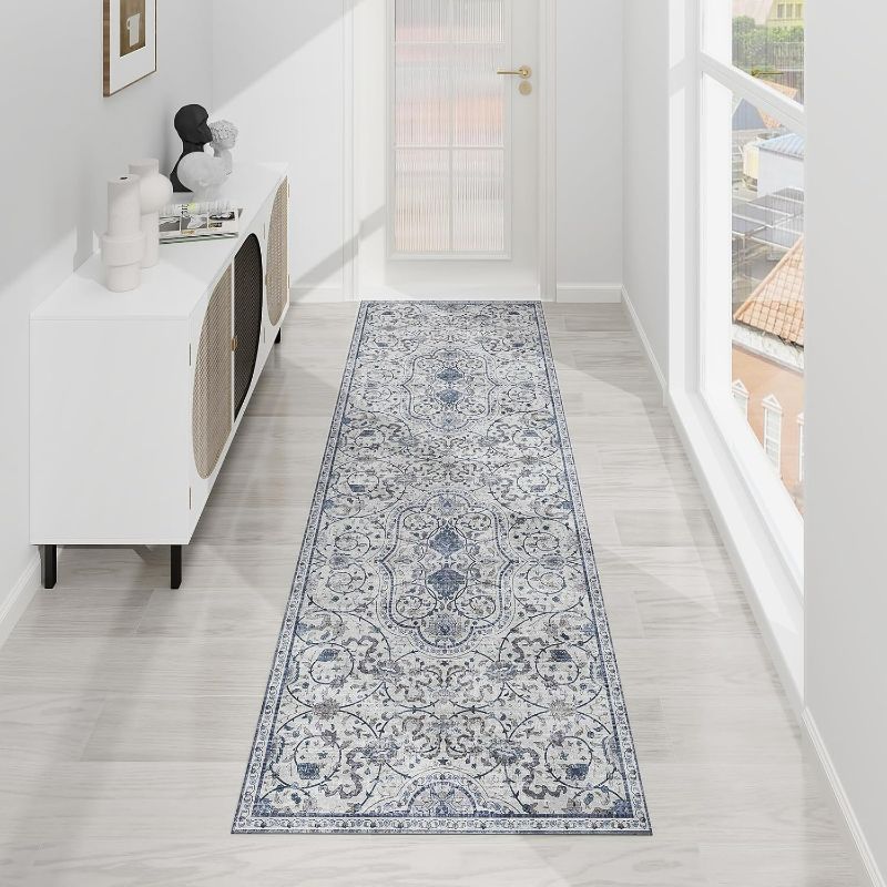 Photo 1 of SALLOUS Vinyl Mat, 6x2ft Runner Rug for Hallway, Non-Slip Floor Mat, Waterproof Washable Vinyl Area Rug for Kitchen, Bathroom, Entryway (Grayish Blue, Bohemian-Style)
