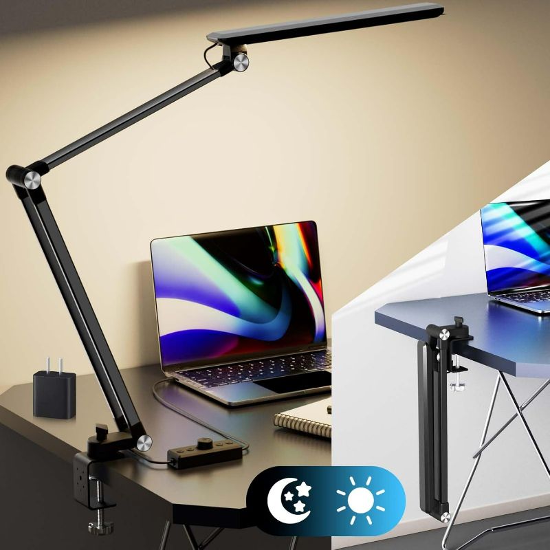 Photo 1 of Desk Lamp with Clamp for Home Office,Knob Stepless Adjusts Brightness&8 Color Eye Caring LED Work Light,Clip on Table Lamps with Timmer&Memory Function&Adjustable Swing Arm(1000 LM)-Black
