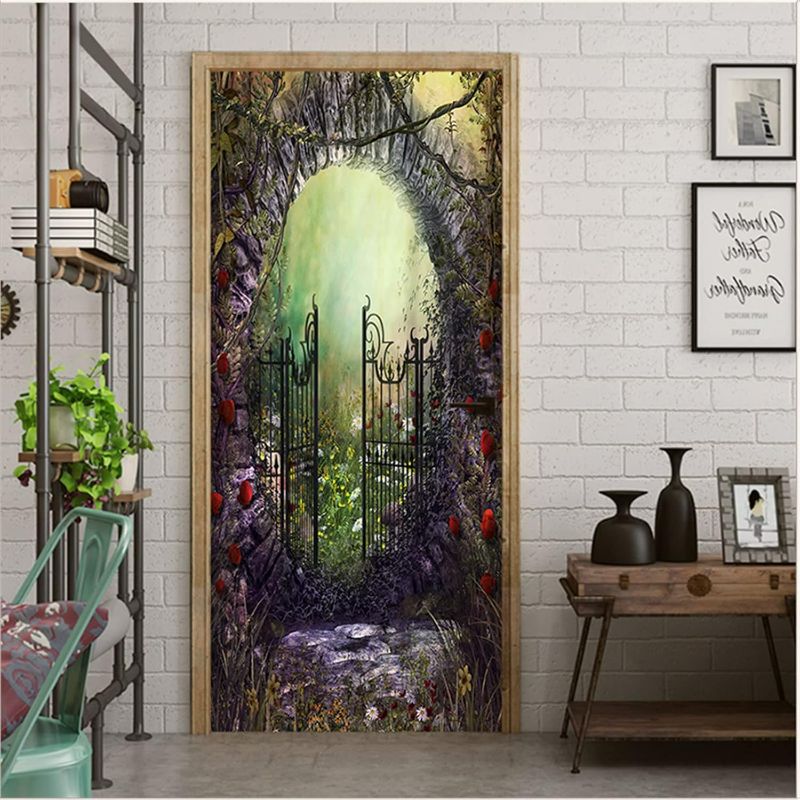 Photo 1 of 3D Magical Forest Old Gate Peel and Stick Door Murals - Self-Adhesive Door Wallpaper - Bedroom Door Stickers DIY Home Wall Decal 33.5"x84.6"
