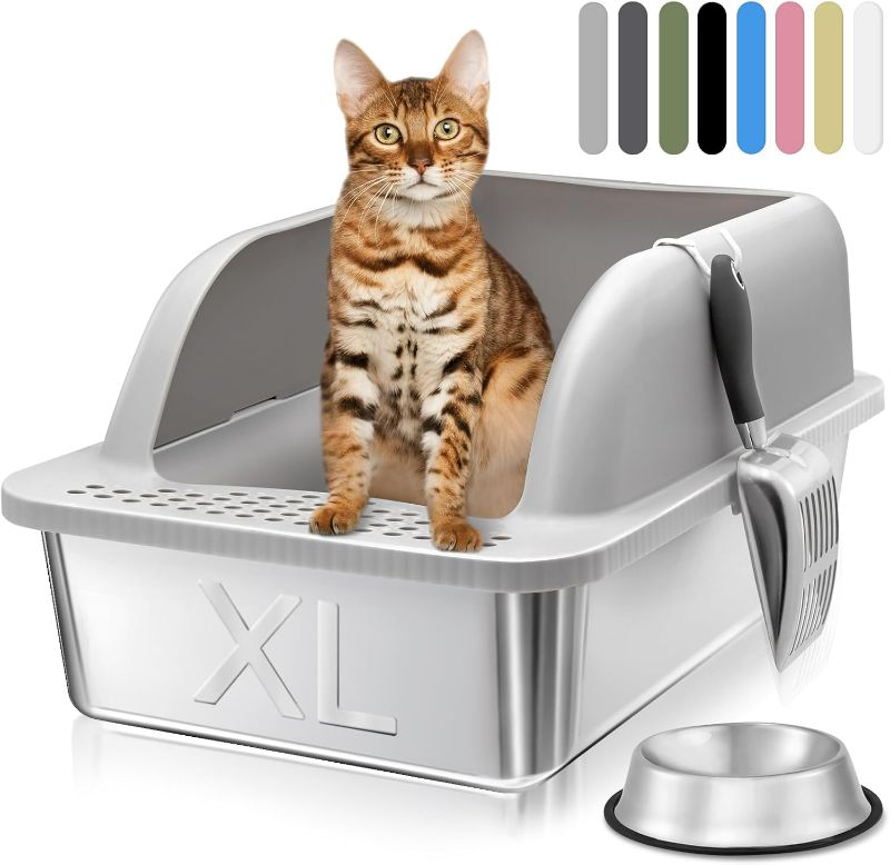 Photo 1 of Stainless Steel Litter Box with Lid, 24'' x 16'' x 12'' Metal Cat Litter Box, Non-Stick Stainless Steel Litter Box High Sides, Extra Large Cat Litter Box Odor Control Easy Clean(Gray)
