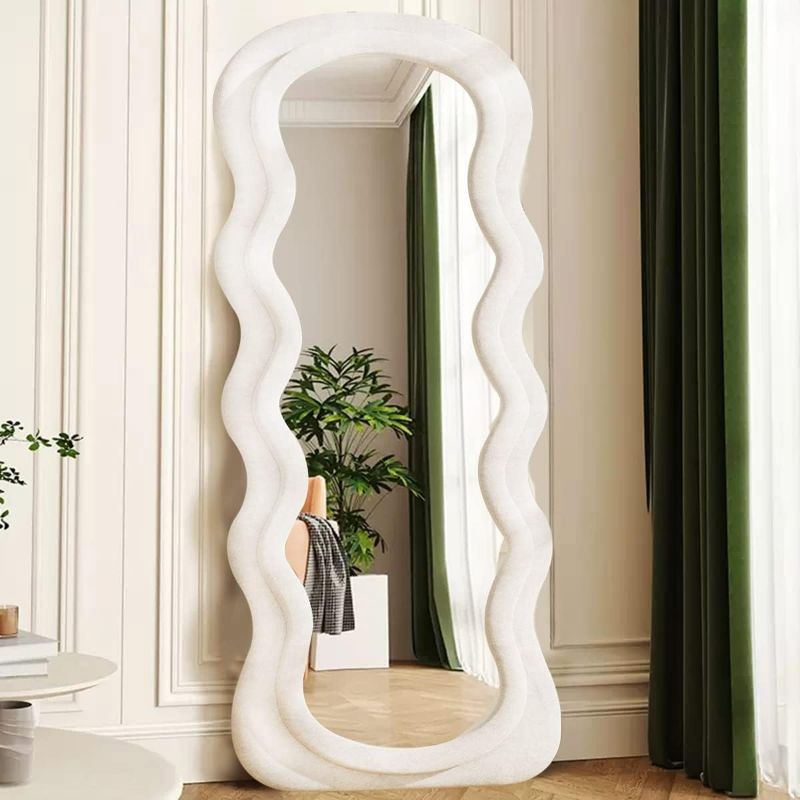 Photo 1 of Full Length Mirror, 63" x 24"Irregular Wavy Mirror, Large Floor Length Mirror Wall Mounted, Standing Wavy Mirror with Flannel Wrapped Wooden Frame for Bedroom/Living Room, White
