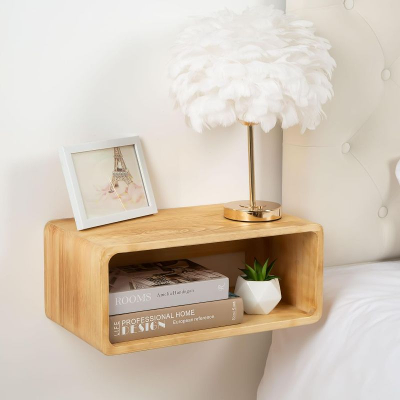 Photo 1 of Floating Nightstand Oak Wooden Shelf Wall Mount - Stylish & Minimalistic Bedside Shelf Hanging Storage Phone Rest Side Table for Bedroom Living Room Office Home Decor (Natural)
