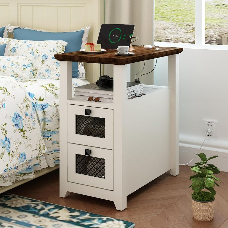 Photo 1 of Farmhouse XXL End Table with Charging Station, Narrow Side Table with USB Ports and Outlets, Nightstand with 2 Drawers Storage, Bedside Tables for Living Room, Bedroom, Rustic Walnut White
