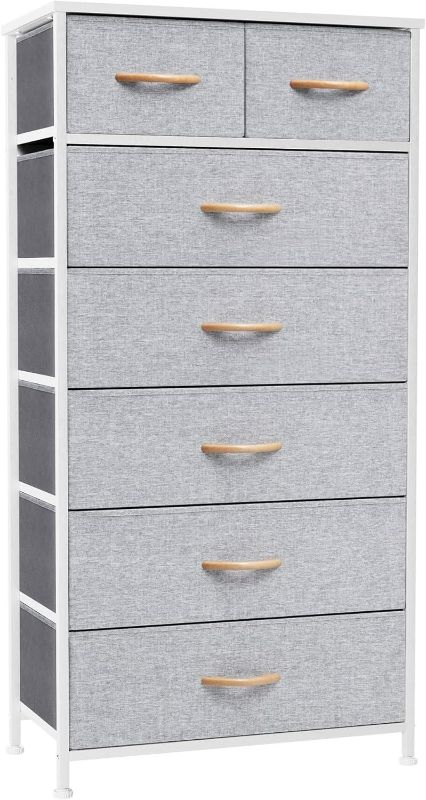 Photo 1 of Crestlive Products Vertical Dresser Storage Tower - Sturdy Steel Frame, Wood Top, Easy Pull Fabric Bins, Wood Handles - Organizer Unit for Bedroom, Hallway, Entryway, Closets - 7 Drawers (Light Gray)
