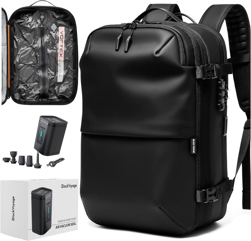 Photo 2 of Airback Vacuum Seal Compression Travel Backpack 60L Expandable Vacpack Water Resistant TSA Lock Airbag Black (Electric Air Pump Included)
