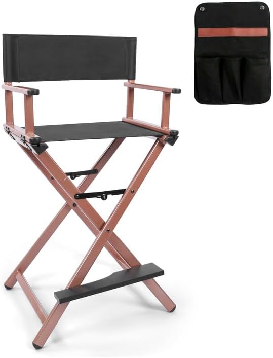 Photo 1 of 29" Height Tall Directors Chair Folding Makeup Chair, with Replacement Cover Canvas, Portable Footrest, Support 250 lbs, Aluminum Makeup Artist Chair for Artist Barber- Rose Gold
