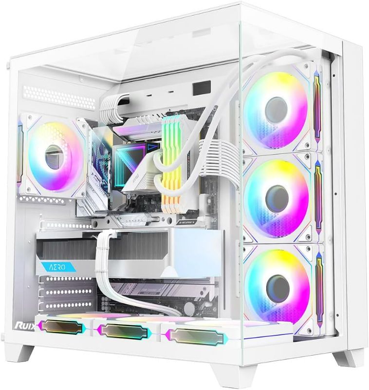 Photo 1 of RUIX OV403 ATX Mid-Tower PC Case, Pre-Installed 4 x 120mm Prism ARGB PWM Fans and Graphics Card Holder, Three-Sided Tempered Glass Panels, USB 3.0 & Type-C Ports, Gaming Computer Case - White
