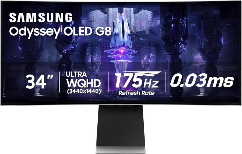 Photo 1 of Samsung 34' Odyssey G85SB Series QD-OLED Ultra WQHD Curved Gaming Monitor, 175Hz, 0.03ms, DisplayHDR True Black 400, AMD FreeSync Premium Pro, Advanced Game Streaming, LS34BG850SNXZA, 2023
