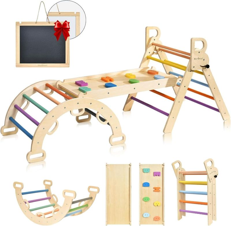 Photo 1 of BlueWood Pikler Triangle Set, 7-in-1 Foldable Wooden Toddler Climbing Toys Indoor Playground Jungle Gym Montessori Philosophy Climber for 2-6 Years Old, Baby, Kids (Rainbow)
