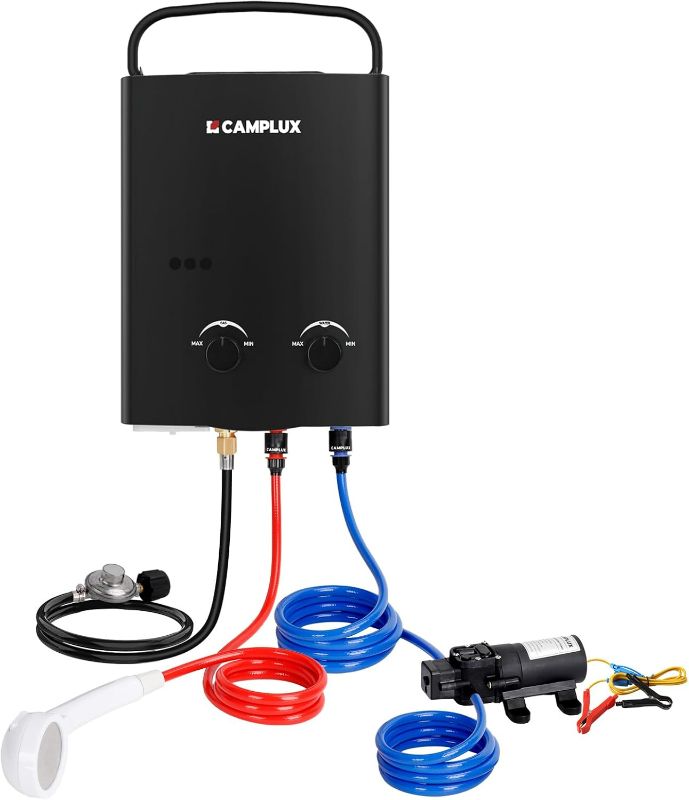 Photo 1 of CAMPLUX 5L Portable Propane Gas Tankless Water Heater, 1.32 GPM Tankless Water Heater With 1.2 GPM Water Pump, Black