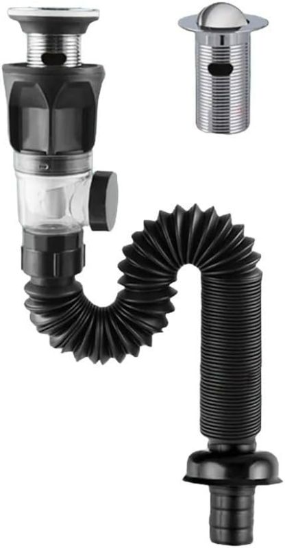 Photo 1 of Steel Washbasin Deodorant Drainer,Bathroom Sink Drain With Filter Basket Hair Trap And Flexible Sink Drain Trap For Drain Pipe(black)