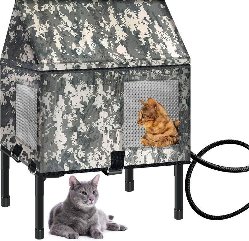 Photo 1 of Heated Cat House for Outside in Winter, 100% Waterproof, 20.5in x 14.5in x 21in Elevated Weatherproof Cat House with Heated Pad, Safe Escape Door, Insulated Cat House for Ferals Strays Barn Cat