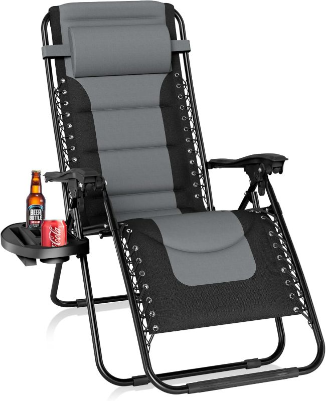 Photo 1 of PHI VILLA Padded Zero Gravity Lounge Chair Folding Patio Recliner with Adjustable Headrest & Cup Holder, Support 350 LBS (Grey)