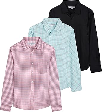 Photo 1 of XXL---3-Pack: Mens Long Sleeve Button Up Down Shirt for Men Dress Shirts Slim Casual Plaid Clothing Clothes Pocket Cotton Collar Summer Outfit Fashion Top Tees Tshirt Lounge Camisa para Hombre - Set 9, XXL