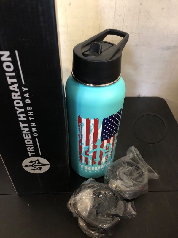 Photo 2 of American Flag Water Bottle, 32 oz Insulated Water Bottle, Reusable Water Bottle with Straw, Leak Proof Water Bottles, Thermos Water Bottle - Combat Veteran Small Business (Teal, 32 Oz)