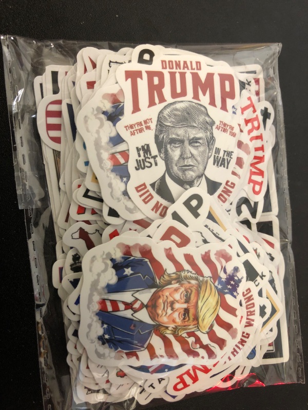 Photo 2 of 100pcs Donald Trump Stickers, Trump 2024 Stickers Trump Merchandise USA Flag Decals American Flag Aesthetic Vinyl Waterproof Stickers for Laotop Water Bottle Phone Luggage Skateboard…