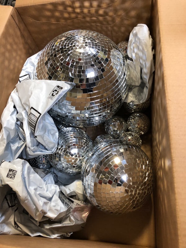 Photo 2 of 17 Pack Large Disco Ball Hanging Disco Ball Small Disco Ball Mirror Disco Balls Decorations for Party Wedding Dance and Music Festivals Decor Club Stage Props DJ Decoration (12, 8, 6, 4, 3.2 Inch)