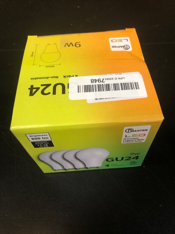 Photo 1 of CFMASTER GU24 LED Light Bulb, 5000K Daylight, 9W(100W Equivalent), 800 Lumens, A19 Shape GU24 LED Bulbs, Twist and Lock GU24 Pin Base with Two Prongs, Non-Dimmable, UL ETL Certificated(4-Pack)