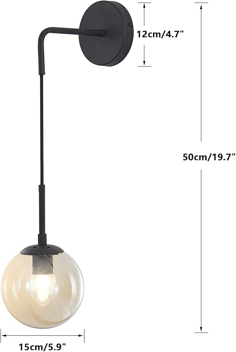 Photo 3 of BOKT Matte Black Amber Glass Round Wall Sconce Light Mid Century Modern Globe Bathroom Wall Sconce Lamp Farmhouse Industrial Adjustable Bar Wall Light Fixture (Black+Amber)