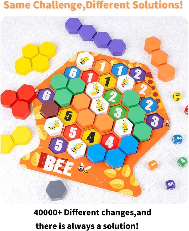 Photo 1 of  Montessori Educational Toy Wooden Puzzle Dice Genius Square Board Games for Kids 4-6 Build Honeycomb by Filling in Colored Shapes!
