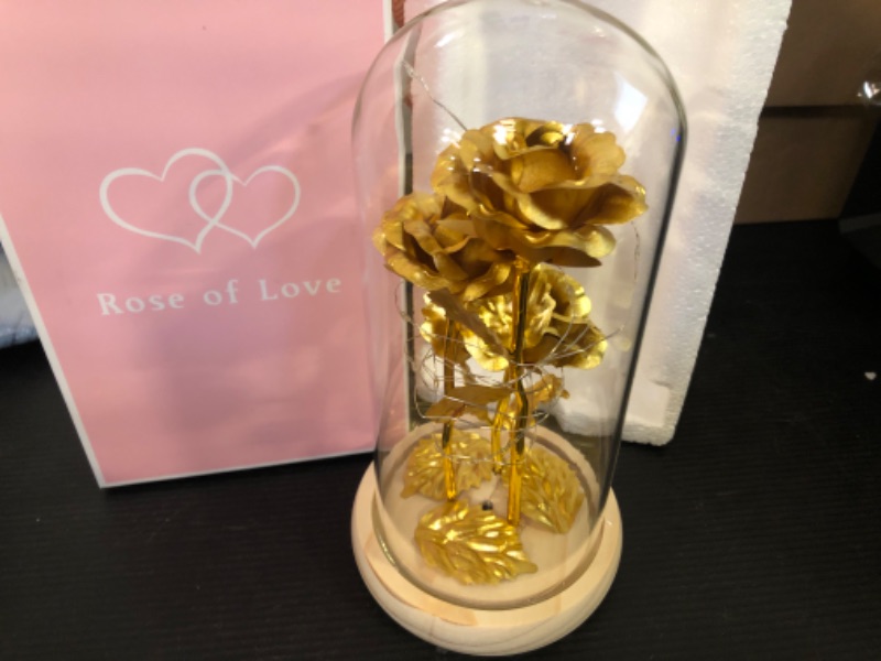 Photo 1 of  Gold Glass Rose -Colorful Artificial Flower Rose Gift in Glass Dome 