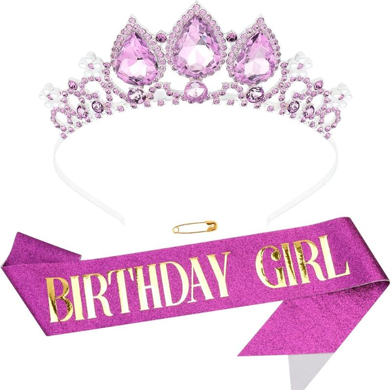 Photo 1 of Aprince Birthday Sash and Tiara Birthday Crown Birthday Headband for Women Crystal Tiara Crown for Birthday Halloween Costume Cosplay