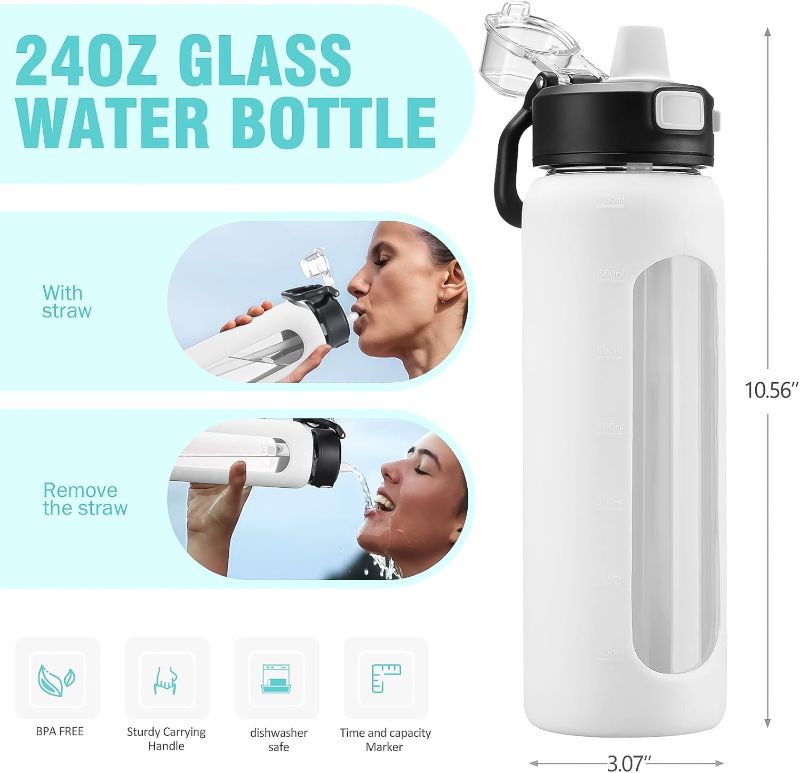 Photo 1 of BLUEGO 32 oz Glass Water Bottle with Straw, Motivational Water Bottles with Time Marker and Silicone Sleeve,Glass Bottle with Locking Lid and Carry Loop,Water Jug Bottle for Gym,Sports,Workout,White