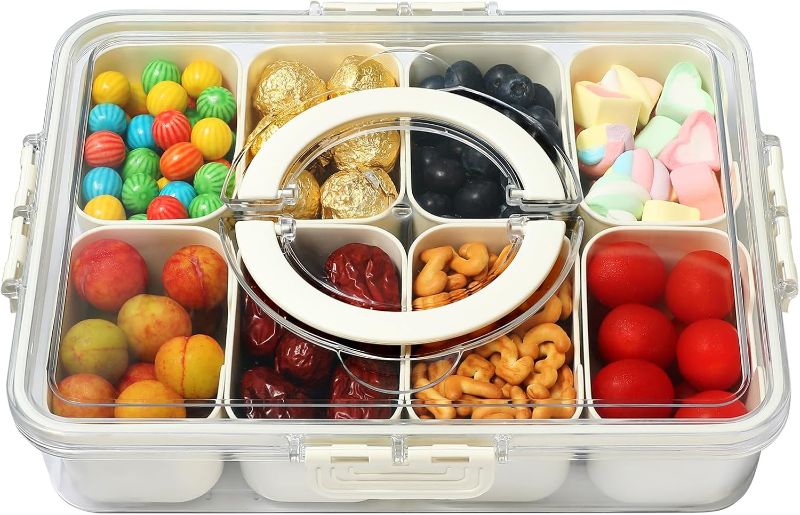 Photo 1 of 1 Pack Portable Snackle Box Container, Divided Serving Tray with Lid and Handle, Fruits, Clear Snack Platter Organizer and Storage for Adults Child (11.81" L*8.85"W-1pcs-8 Compartments)