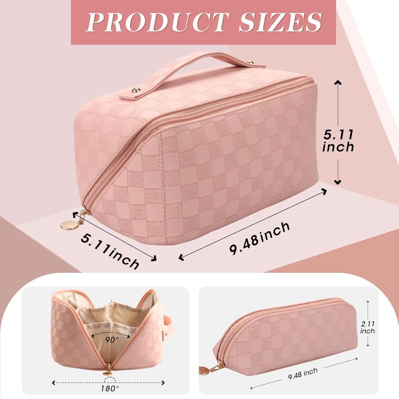 Photo 1 of Abiudeng 2 piece Travel Makeup Bag,Large Capacity Cosmetic Bags for Women,Toiletry Bag for Travel Essentials,Waterproof Portable Pouch Open Flat Makeup bag Organizer with Divider and Handle(Pink Grid)