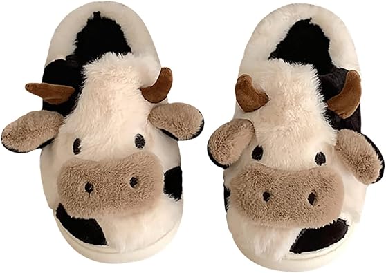 Photo 1 of 8/9--MIXILU Cartoon Cow Cotton Slippers, Cute Cozy Fuzzy Animal Slippers, Winter Indoor Outdoor Slippers for Women