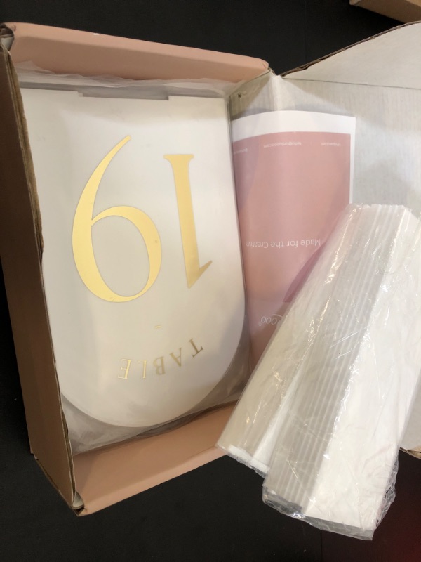 Photo 2 of UNIQOOO White Arch Wedding Table Numbers with Stands 1-20, Gold Foil Printed 5x7 Double sided Acrylic Signs and Holders, Perfect for Centerpiece, Reception, Decoration, Party, Anniversary, Event