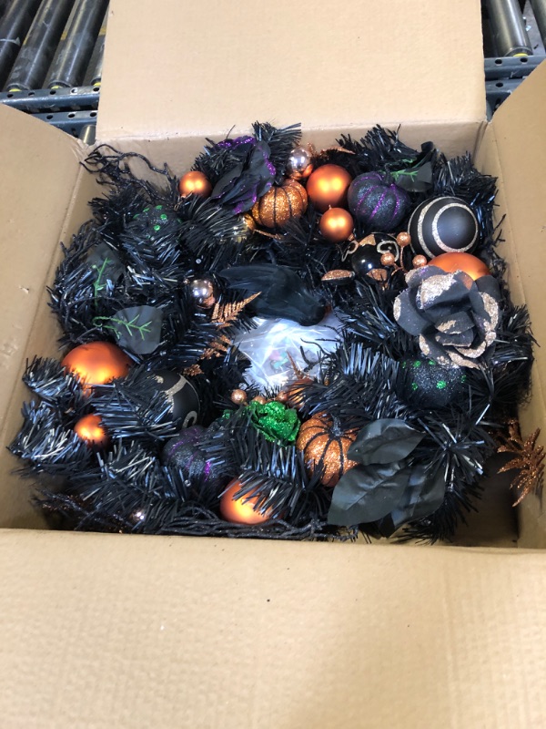 Photo 2 of Valery Madelyn Halloween Wreath for Front Door with Lights, 26 Inch Pre-Lit Orange Pumpkin Wreath Purple Roses Black Crows Halloween Decorations Indoor for Table Centerpiece Window Party Holiday Decor