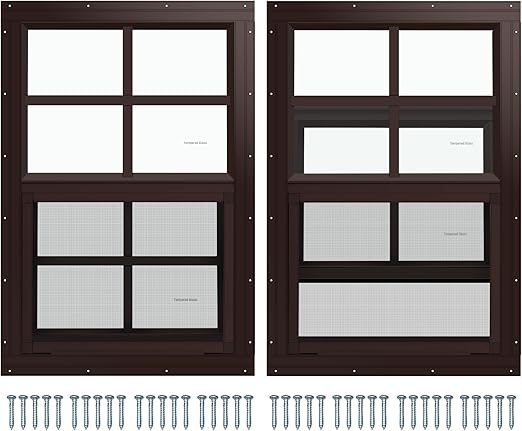 Photo 1 of 2 Pack Shed Window, 14" W x 21" H Flush Mount Window with Tempered Glass for Sheds, Chicken Coops, Garage and Playhouse (Brown)
