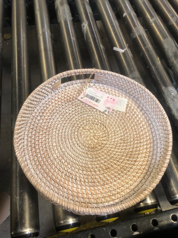 Photo 2 of 11.8 inch Round Rattan Tray, Ottoman Tray, Woven Serving Tray with Cut - Out Handles, Wicker Serving Basket, Whitewash