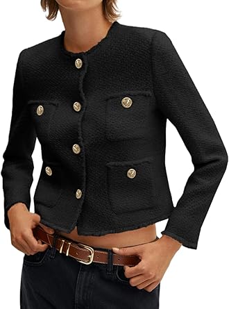 Photo 1 of Cicy Bell Womens Cropped Tweed Blazer Collarless Casual Business Suit Jacket Fall Elegant Outerwear
