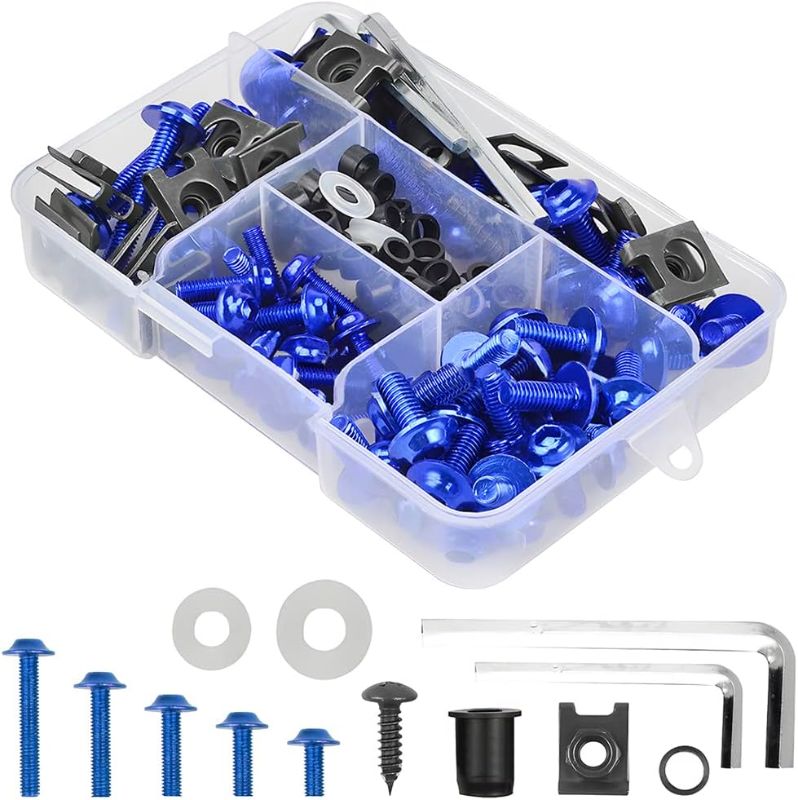 Photo 1 of Motorcycle Fairing Bolt Kit, 177pcs M5 M6 Motorcycle Windscreen Screws, Aluminum Fasteners Fairing Bolts Nut Clips Kit, Mounting Kits Washers Nuts Screws Assortment for Sport Bikes (Blue)