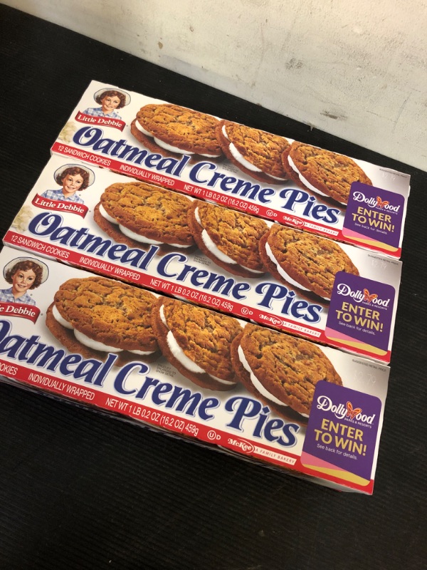 Photo 2 of 3 BOXES Little Debbie Oatmeal Crème Pies, 12 Individually Wrapped Sandwich Cookies, 16.2 OZ Box ------- EX DATE 11/17/2024