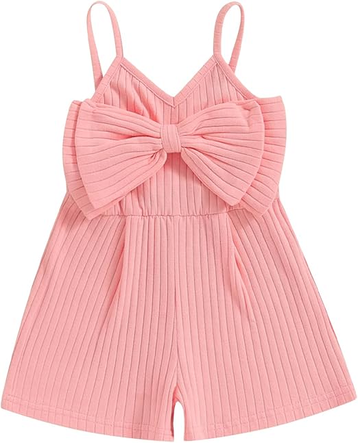 Photo 1 of Doisbetthsay Toddler girls romper Spaghetti Straps Stripes Flower Ruffled Short Jumpsuit Playsuit One-Piece Summer Clothes (F Pink, 6-12 Months)