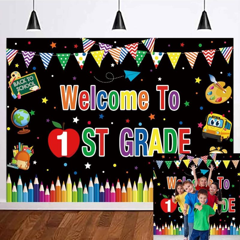 Photo 1 of XCKALI Welcome to 1st Grade Backdrop First Grade Back to School Party Decorations Here I Come First Day of School Banner First Grade Classroom Decorations Photo Booth Props 8x6FT
