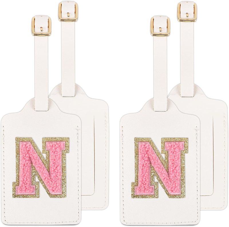 Photo 1 of 2 Pcs Personalized Initial Luggage Tag, Cute Chenille Letter Luggage Tags for Suitcases PU Leather Bag Tags for Luggage, Waterproof Luggage Identifiers for Suitcases Suitcase Tags for Girls(Letter N)