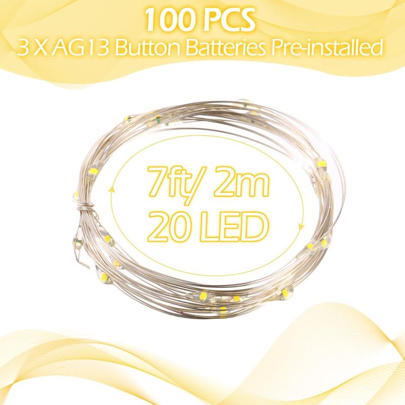 Photo 1 of 100 Pack Fairy Lights Battery Operated 3 Speed Modes, 7 Ft/ 2 M 20 LED Battery String Mini Lights Waterproof Wire Twinkle Lights Party Favors for Wedding Birthday Vases Flower Decor(Cool Light)